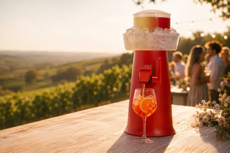 Spritz wird an der Maschine im Weinberg ausgeschenkt
