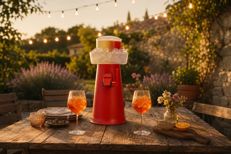 Spritzer-Maschine auf einem gedeckten Tisch im Abendlicht