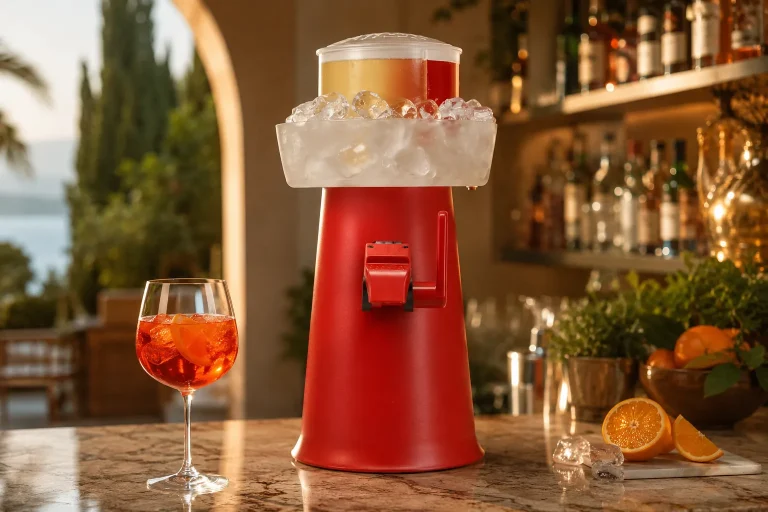 Rote Spritzer-Maschine auf einer Bar mit Spritz-Glas