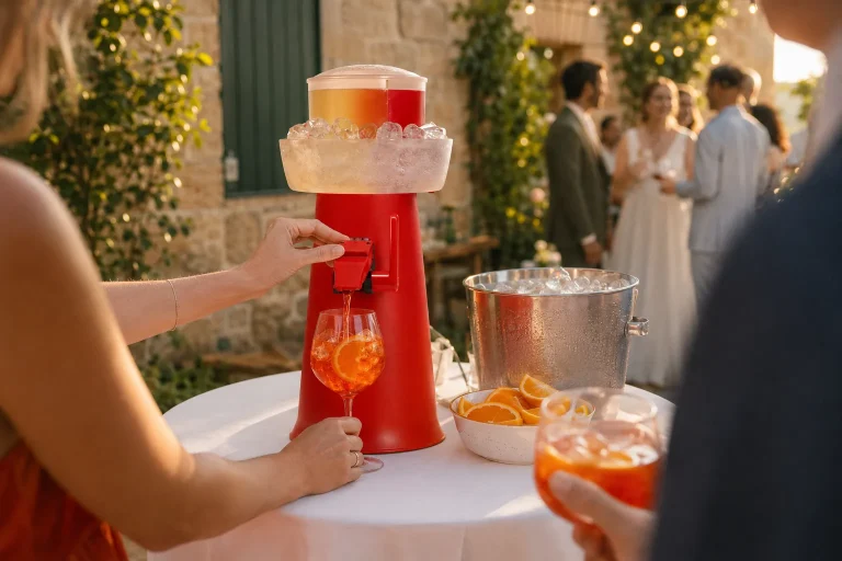 Gast schenkt sich Spritz an der roten Maschine ein