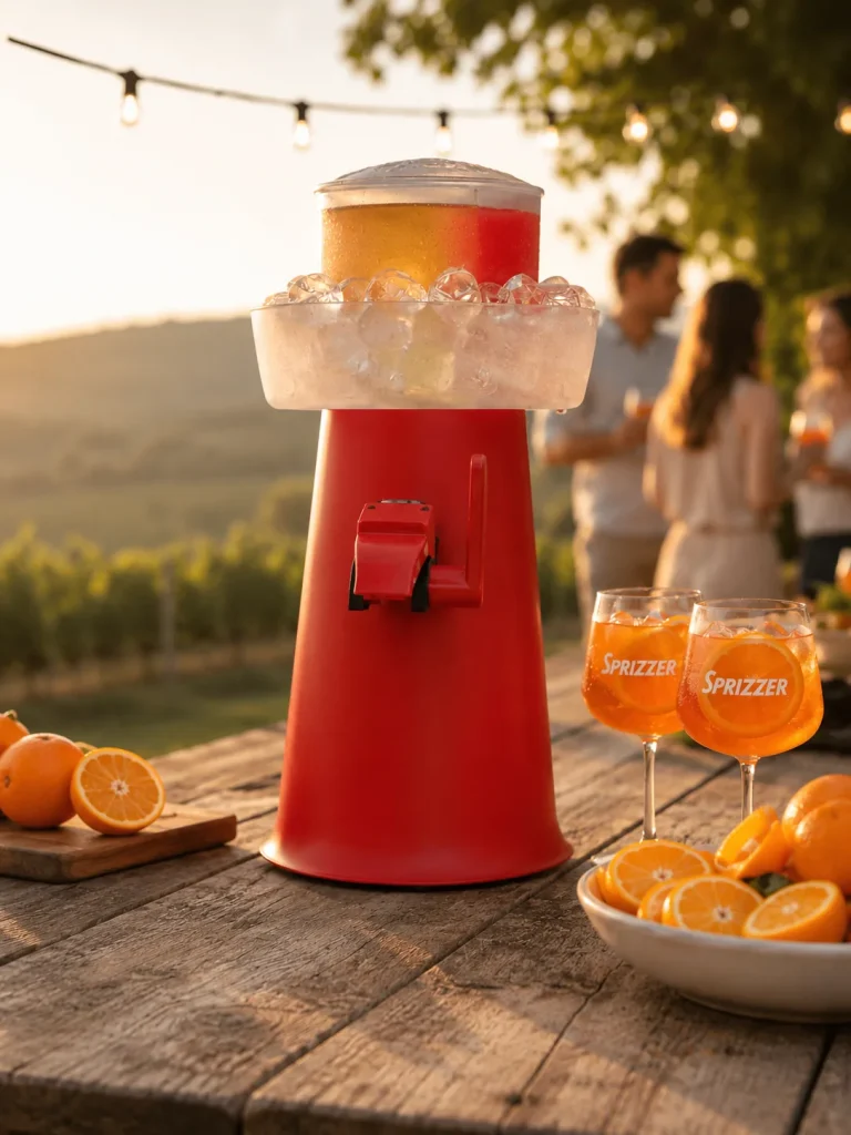 Rote Spritzer-Maschine auf einem Eventtisch mit Aperol-Spritz, Eis und Orangen