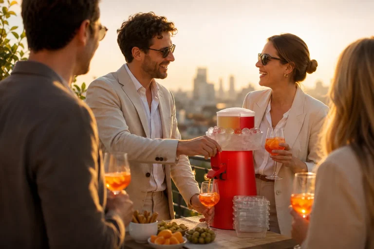 Gäste trinken Spritz bei einer Firmenfeier auf einer Dachterrasse