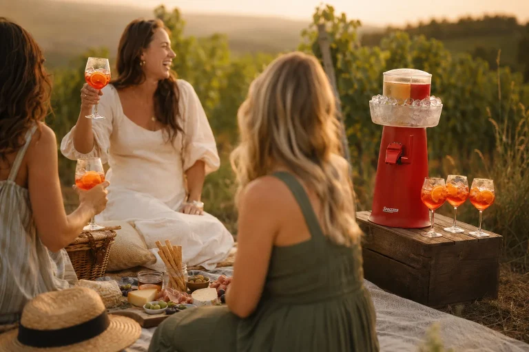 Freundinnen trinken Spritz bei einem Weinberg-Picknick mit Spritzer-Maschine